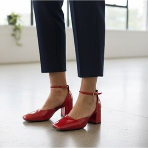 ZARA Red Patent Leather Square Toe Block Heel Ankle Strap Heels Size 38 (US 7.5)